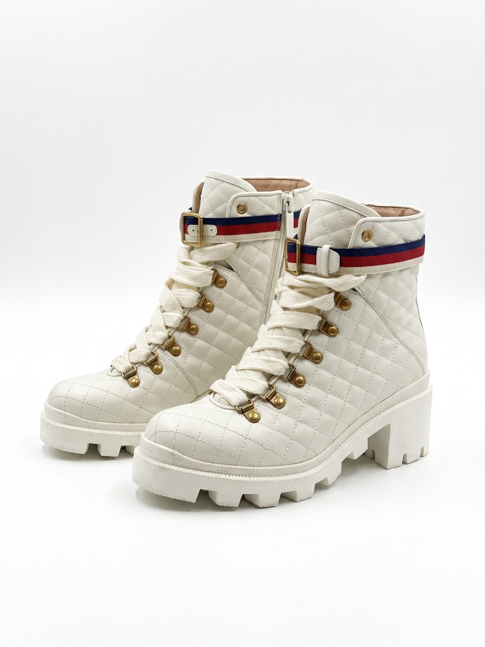 Gucci Sylvie Quilted Calfskin Leather Boots w Web Buckle Women SZ 38.5 / US 8.5
